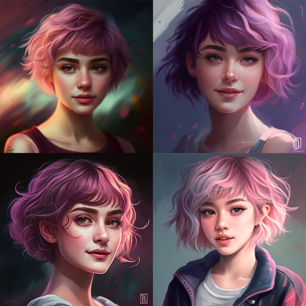 masterpiece, best quality, ultra-detailed, illustration, 1 girl, solo, looking at viewer, smile, short hair, bangs, closed mouth, pink hair, from side, lips, gradient, grey eyes, gradient background, eyelashes, wavy hair, portrait