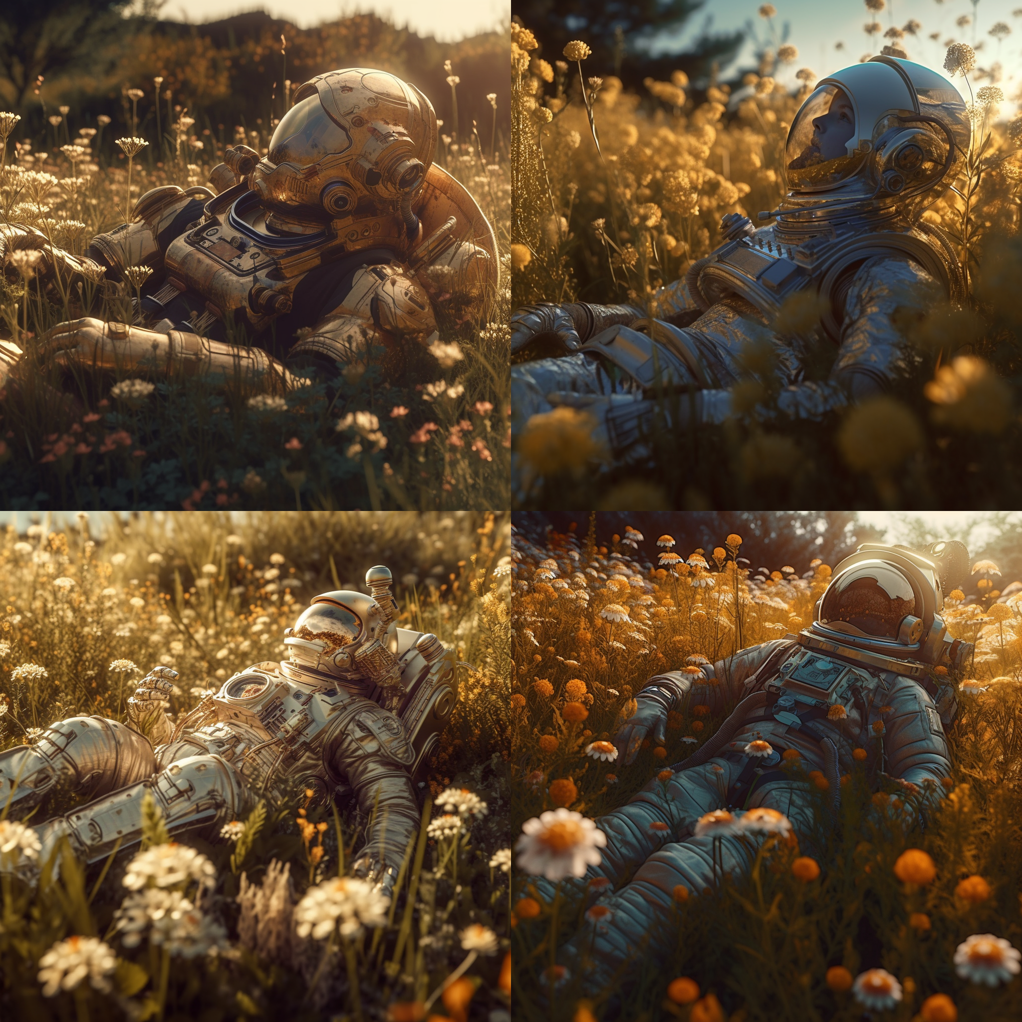 biomechanical astronaut lying in a meadow of flowers, golden hour, Leica 50mm, f1. 4, night, high texture quality, photo, photo realism, realistic, detailed, HD, 8k, unreal engine