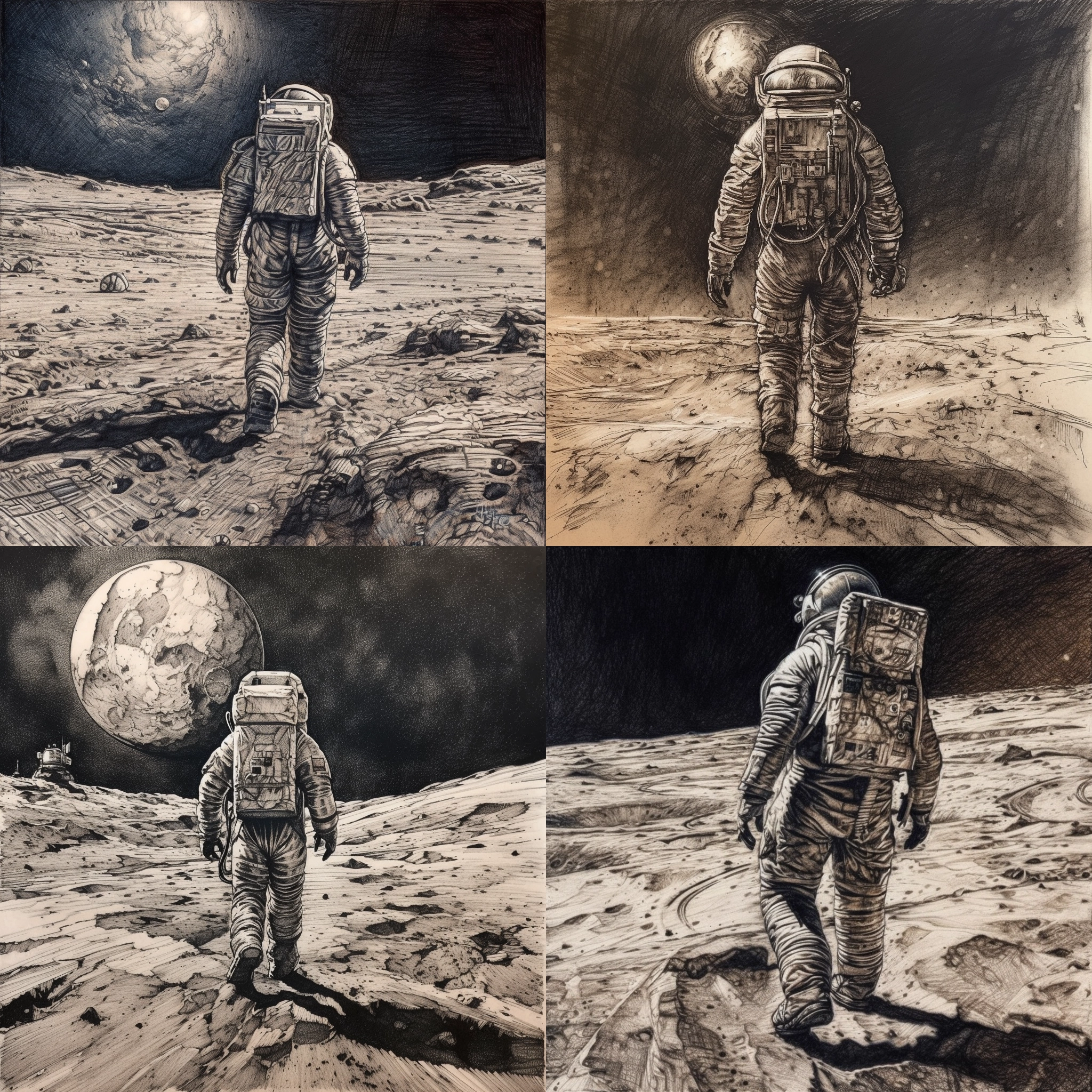 very detailed ink on paper drawing of astronaut walking on the moon, look from the back, light dust, cinematic lighting, dynamic, shadows and light, hyper realism, intricate details, small strokes of the drawing pen