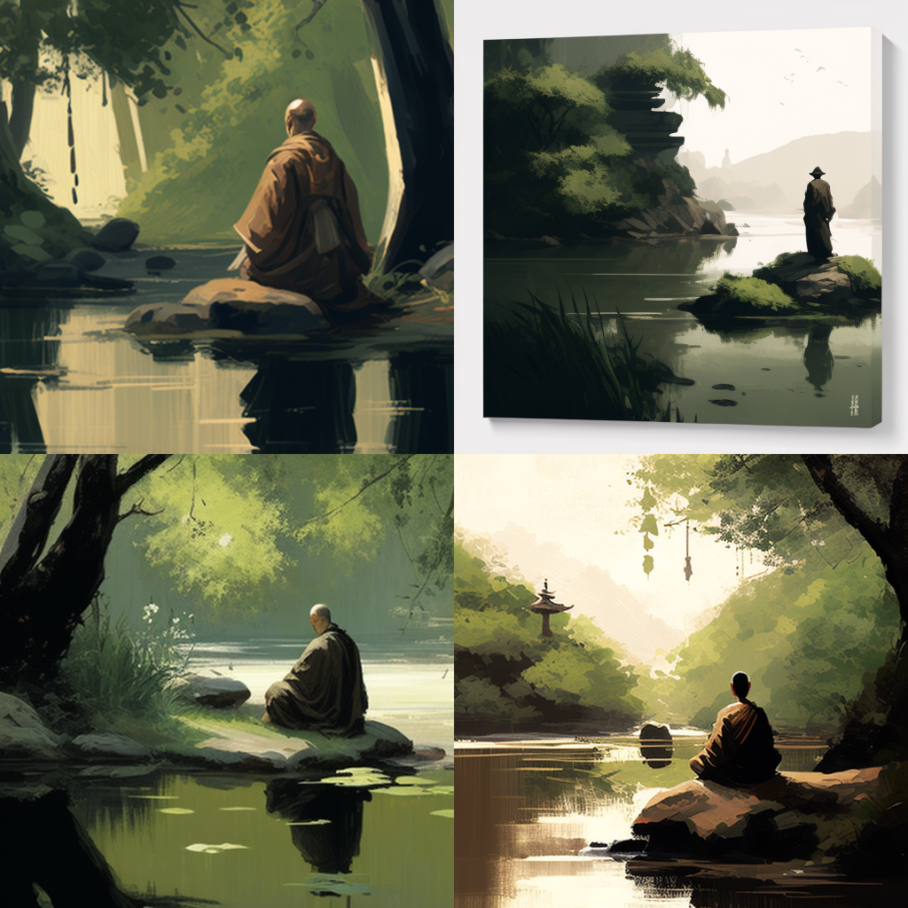 Monk, Zen Buddhism, tranquil riverside with lu ...