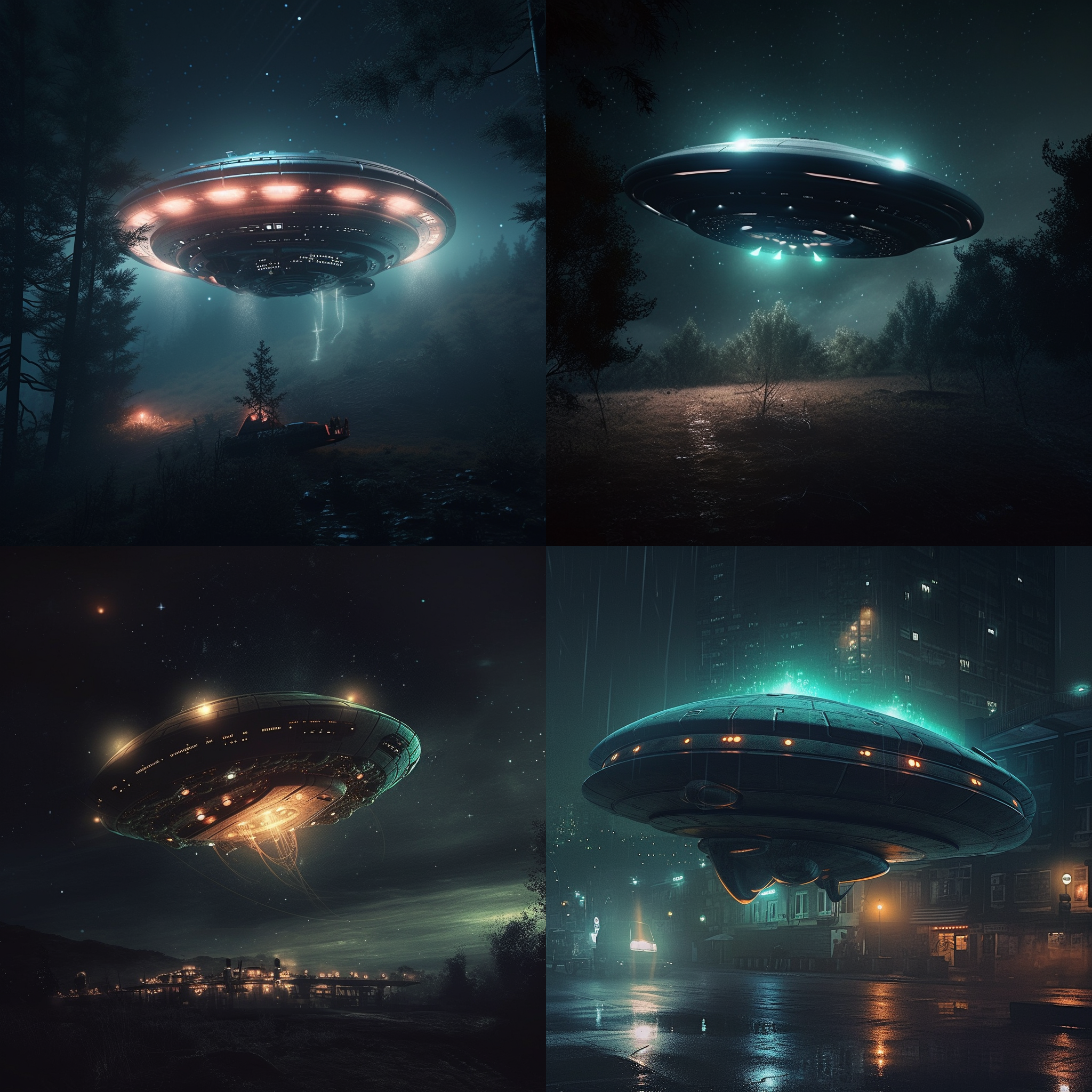 UFO, Nighttime, Extraterrestrial, Aliens, Spaceship, Unidentified Flying Object, Bright Lights, Mysterious, Dark Sky, Otherworldly, Close Encounter, Eerie Atmosphere, Science Fiction, Digital Art, Conceptual Art, Surrealism, Low angle shot