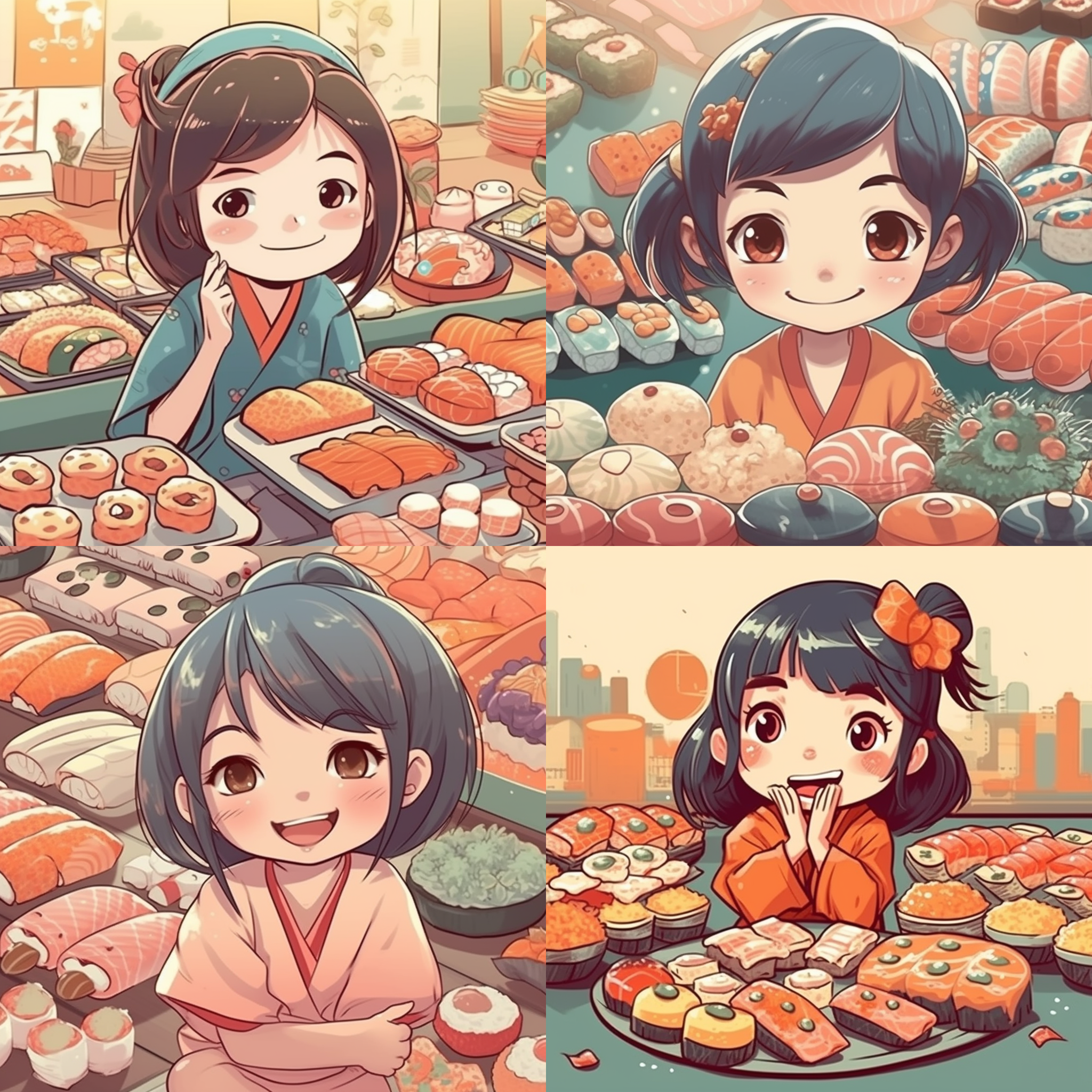 cute, comic baby asian girl, smile, facing to the audience, a lot sushi as her background, happy