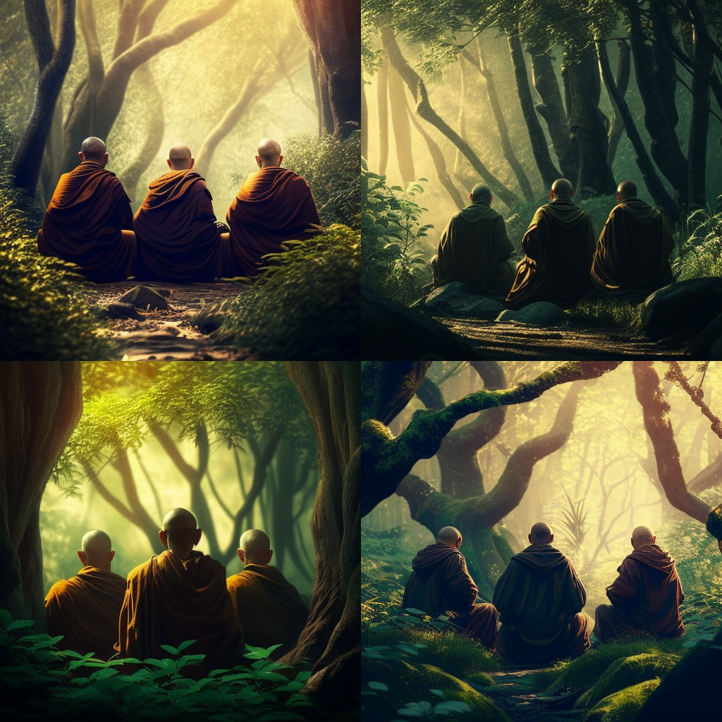 three monks sitting in the green forest at the ...