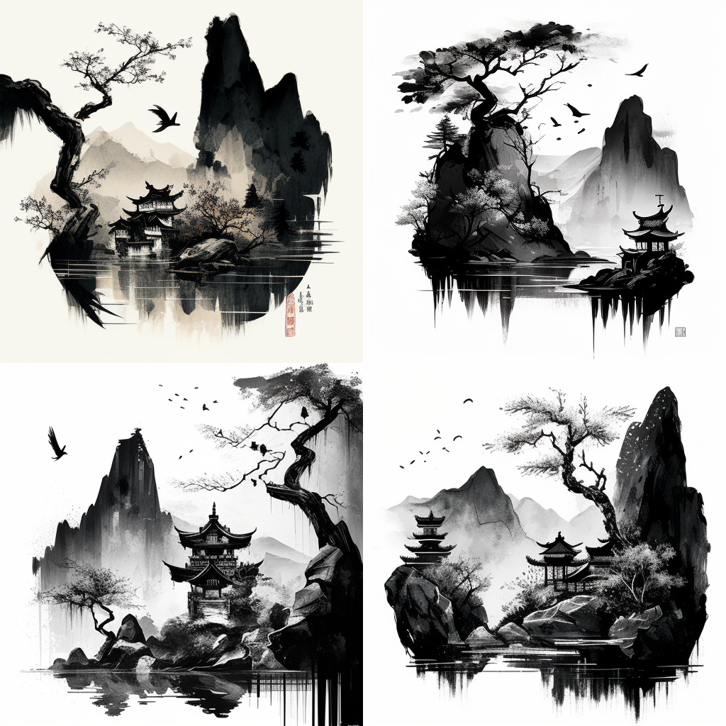 Chinese, water ink, Mountain, Tree, River, Temple, Bird