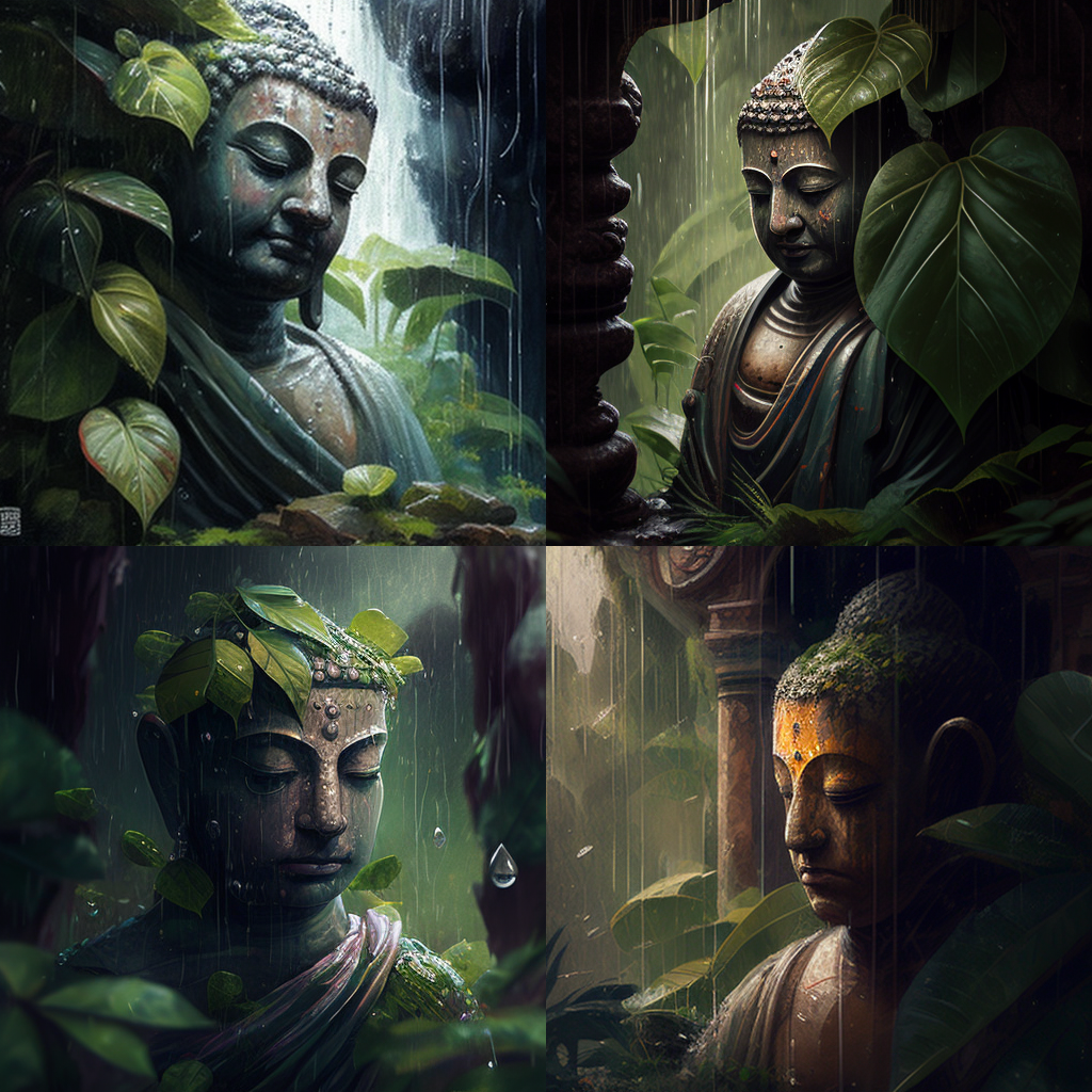 Buddha statue, surrounded by lush greenery, raindrops::2 falling, contemplative mood, oil painting style