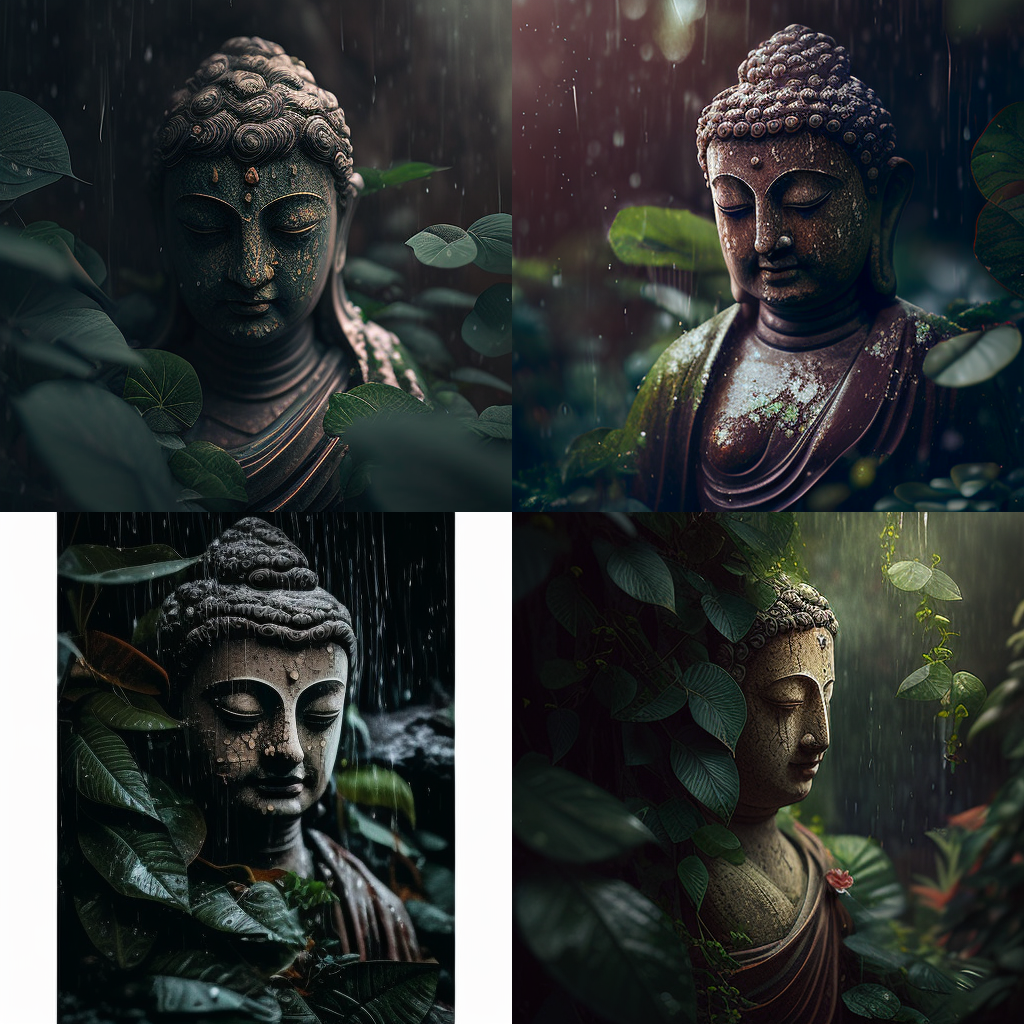 Buddha statue, surrounded by lush greenery, ra ...