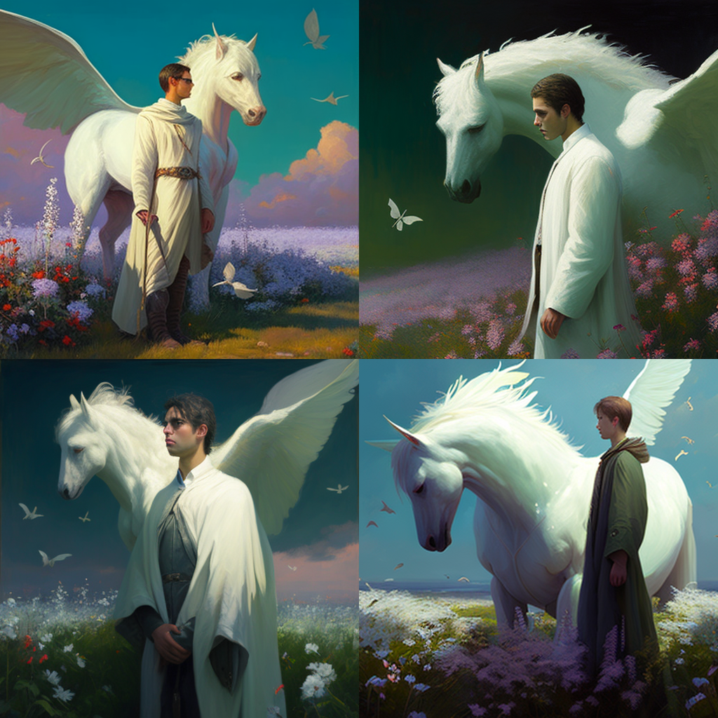 fantasy, Young adult man in white robes and standing next to a white Pegasus, green grass moss bloomcore, Edmund Leighton, yoshitaka amano, rhads, petals rising, volumetric light, cinematic, detailed