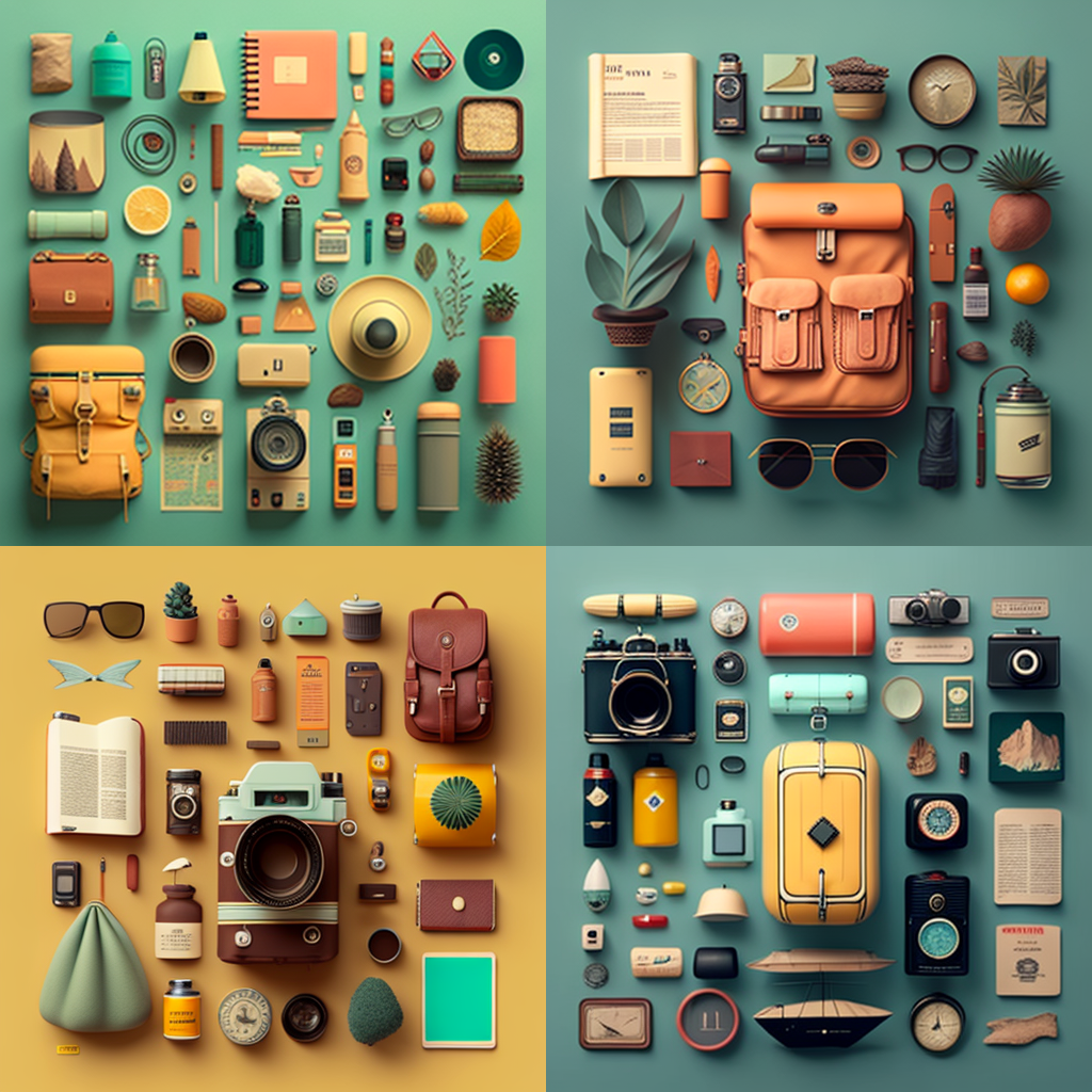 perfect explorer objects knolling, Wes Anderso ...