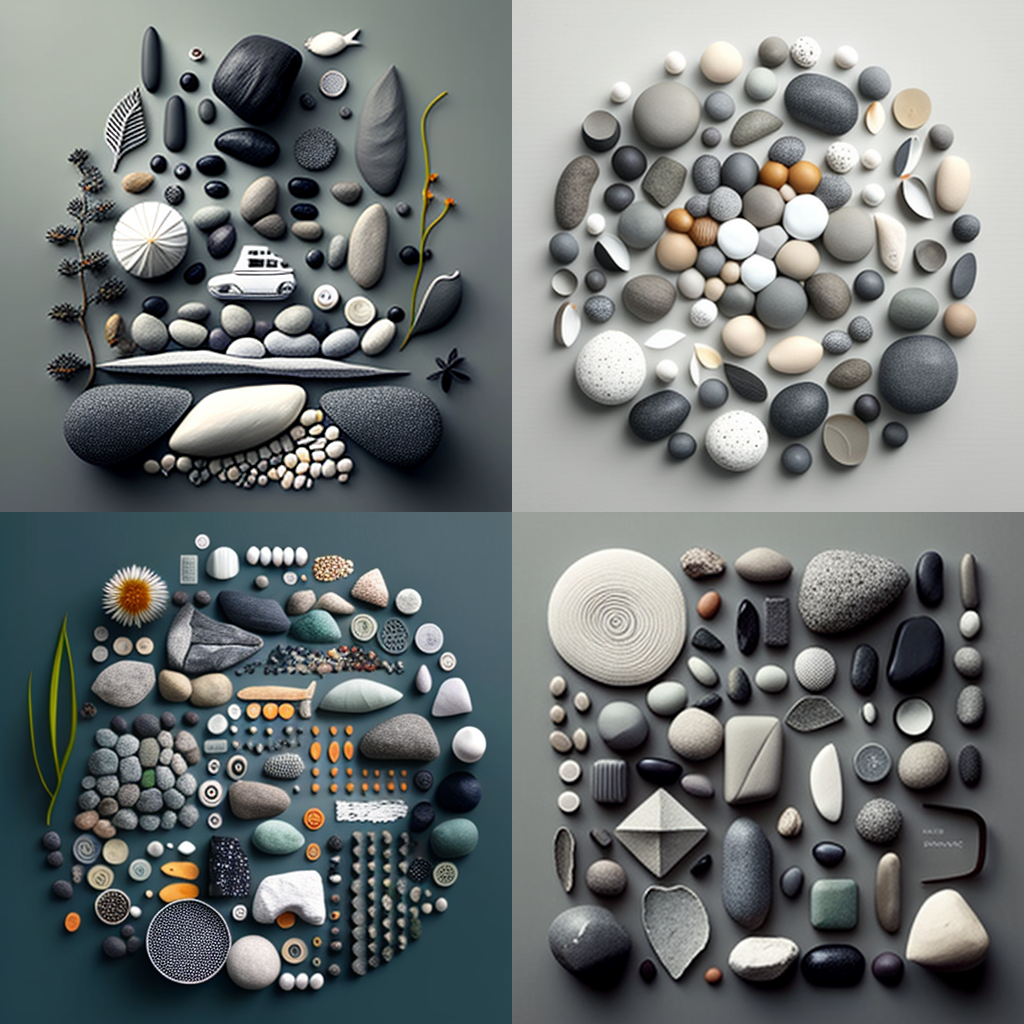 grey pebbles, photo, Knolling