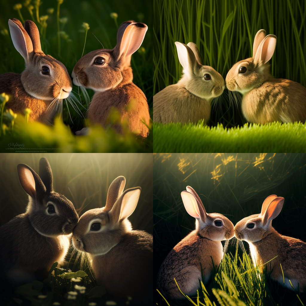 two bunnies in love face to face on grass, sha ...