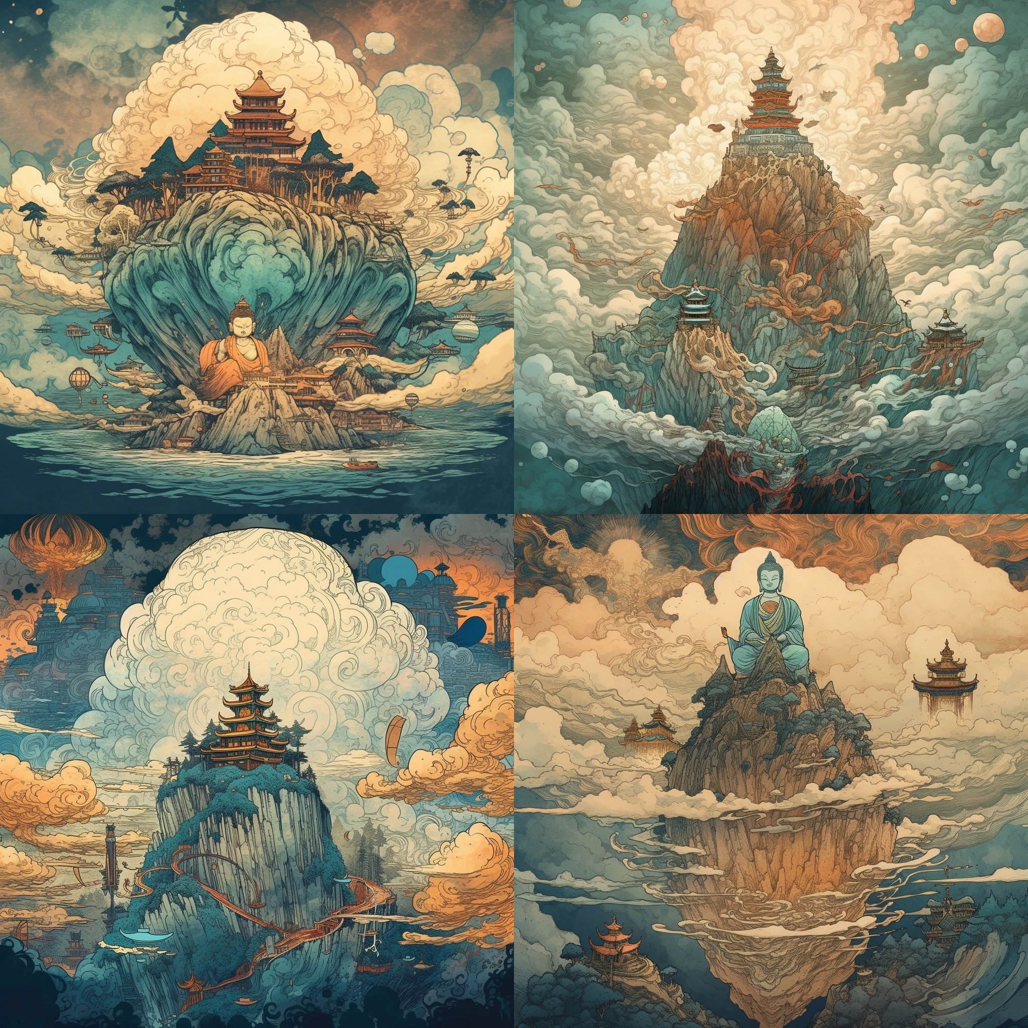 Buddha, Cloud, mountain, Floating in the Sky, by Victo Ngai, HD, 8K, Detailed