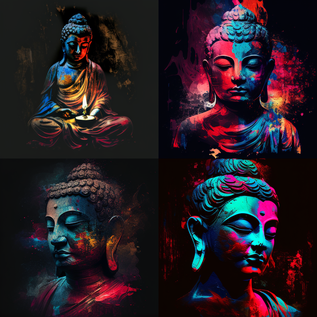 water color, colorful, red & blue lighting, buddha