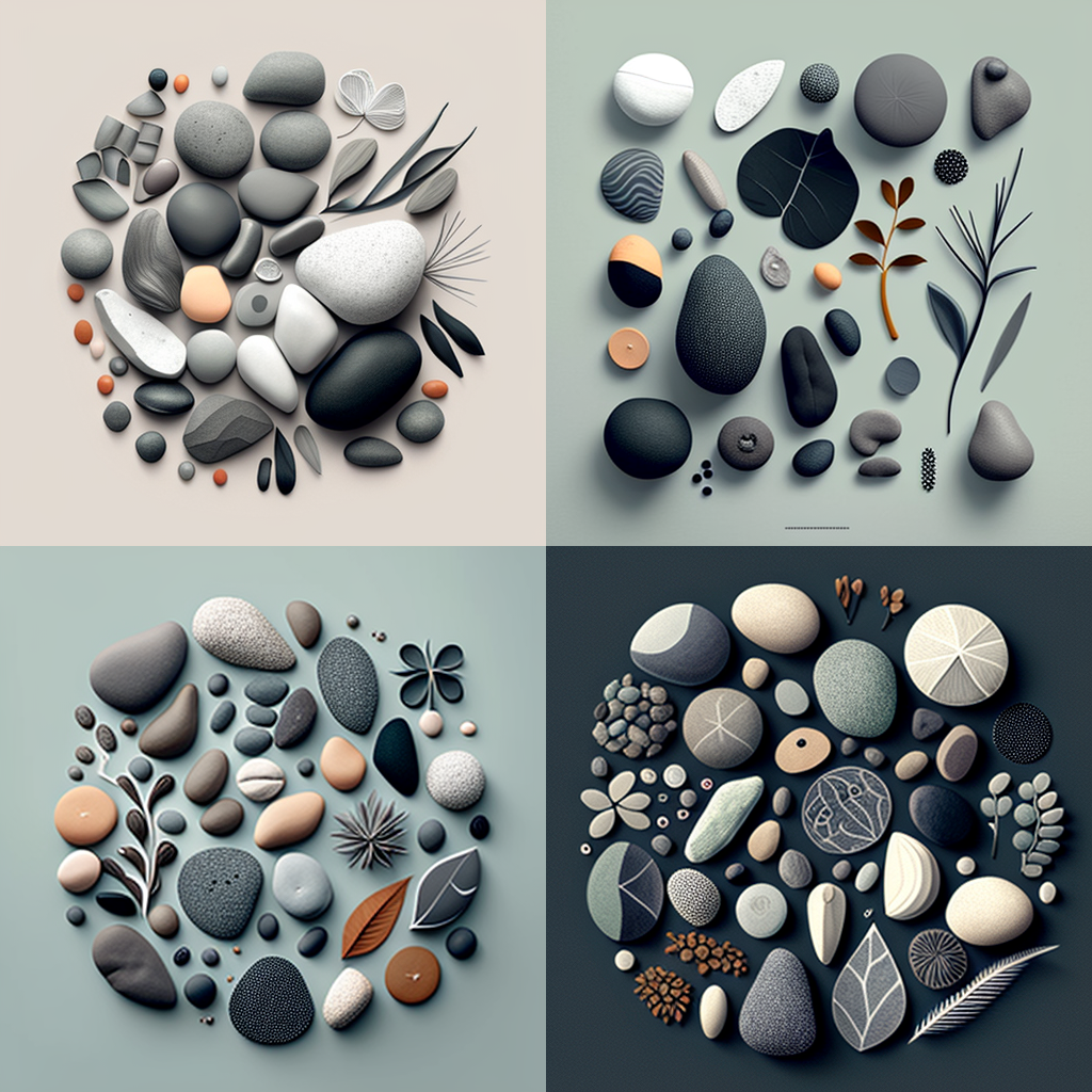 grey pebbles, illustration, Knolling