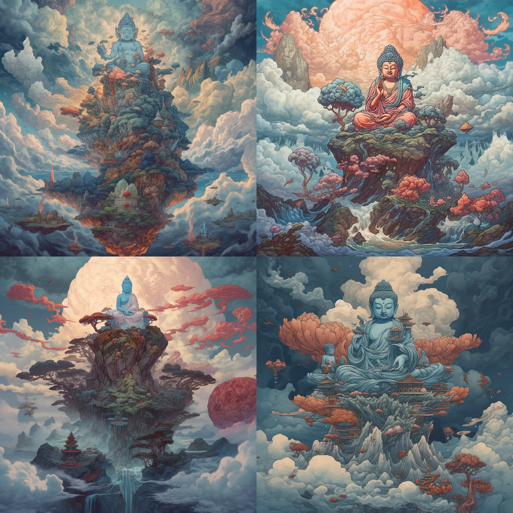Buddha, Cloud, mountain, Floating in the Sky, By James Jean, HD, 8K, Detailed