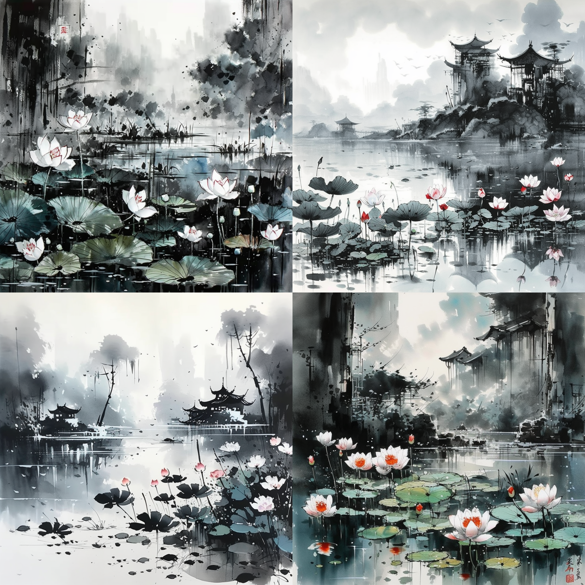 Lotus, traditional Chinese ink painting, by Wu ...