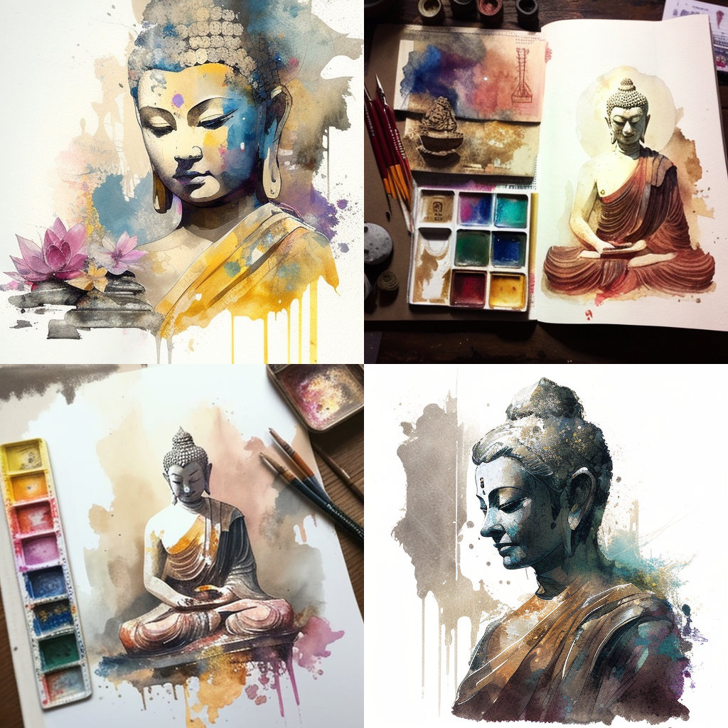 Watercolor, Buddha, Pigments, Washes, Brushes, Paper, Transparency, Color theory, Layering, Wet-on-wet, Dry-brush, Lifting