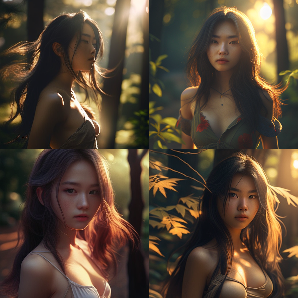 18 years old girl, style of Eimi Fukada, Japanese, beauty, strip, short outfit, long hair, d-cup, medium shot, forest, soft lighting, backlight, shadow, flirty, insane detail, Fujifilm Superia, full HD, 8k, DSLR, 35mm
