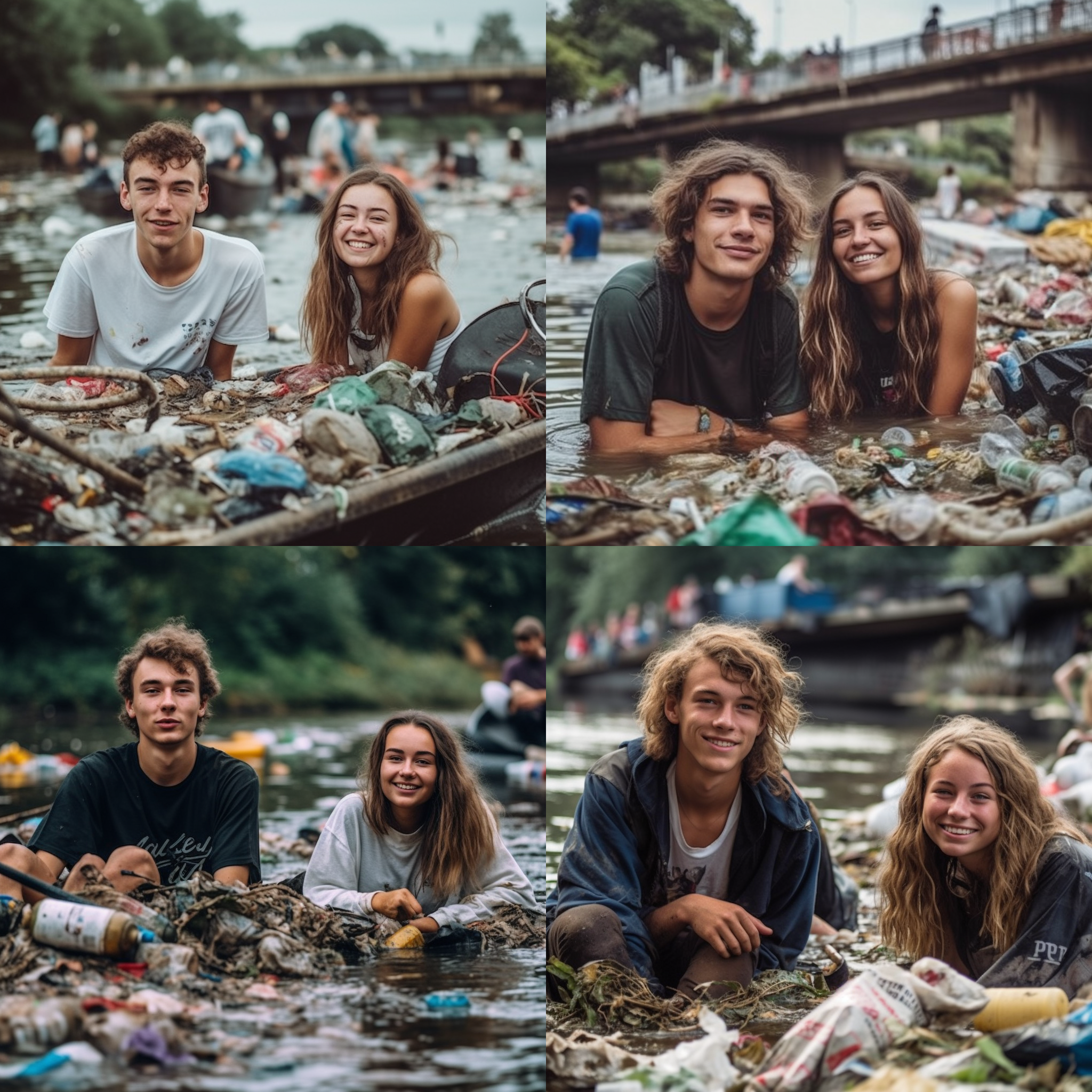 couple of young people, smiling and faceing to the audience, in the river with full of rubbish