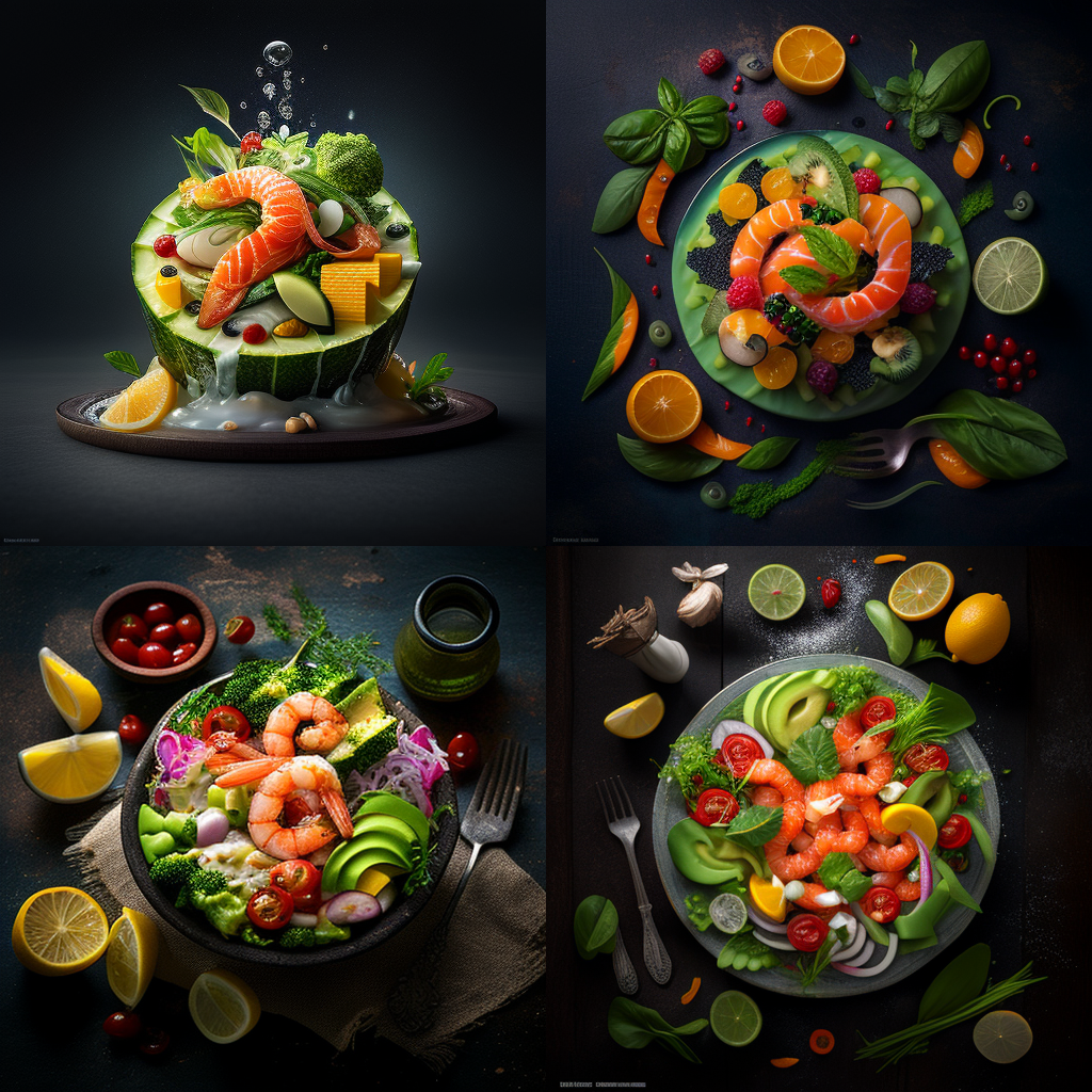 Avocado Shrimp Salad Delicious Food Photography::4 well-lit, sharp-focus, high-quality, artistic, unique, award-winning photograph, Canon EOS 5D Mark IV DSLR, f/8 aperture, 1/125 second shutter speed, ISO 100, professional lighting setup, Adobe Photoshop, glibatree style, appetizing composition, attention to detail::3 dim, blurry, generic, unappetizing