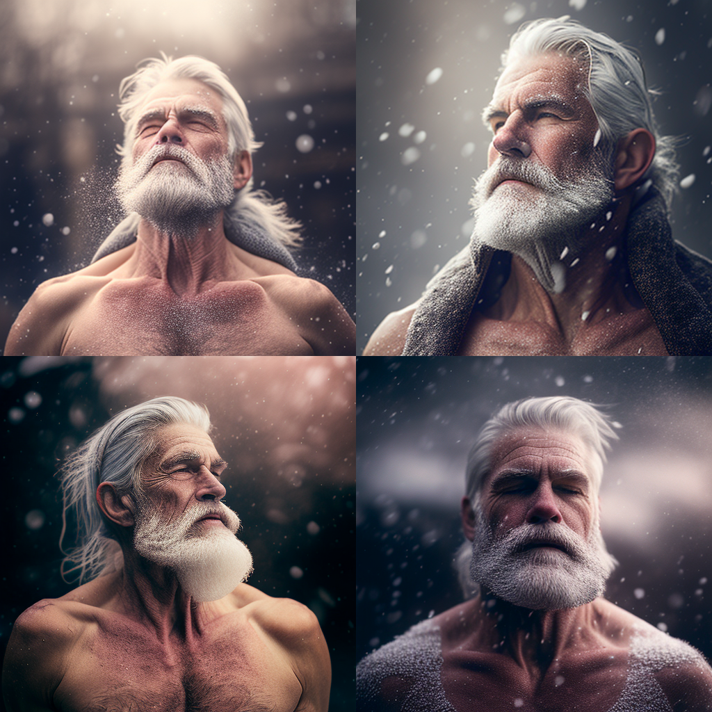 fit mature man, full torso, longer gray hair, soft light, immaculate skin, cinematic, 8k, hands on the hips, looking up with closed eyes, wide thick lips, nordic face, bokeh light in the background, snowing