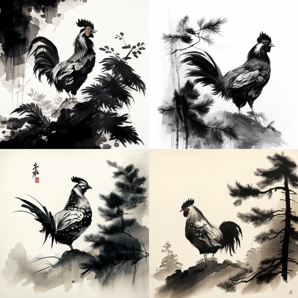 chicken, pine, chinese painting, black and whi ...