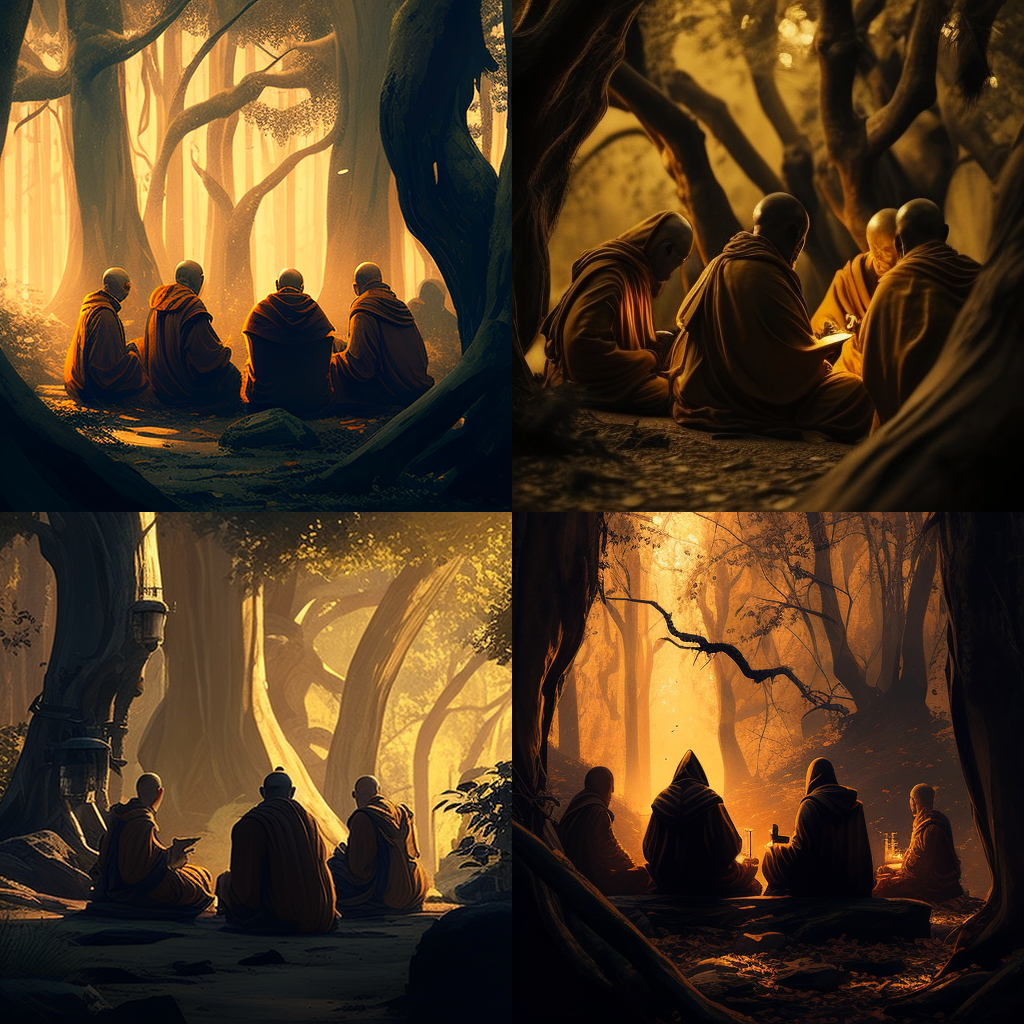 Group of monks seated in a tranquil forest, golden hour lighting, hd, 8k, detailed