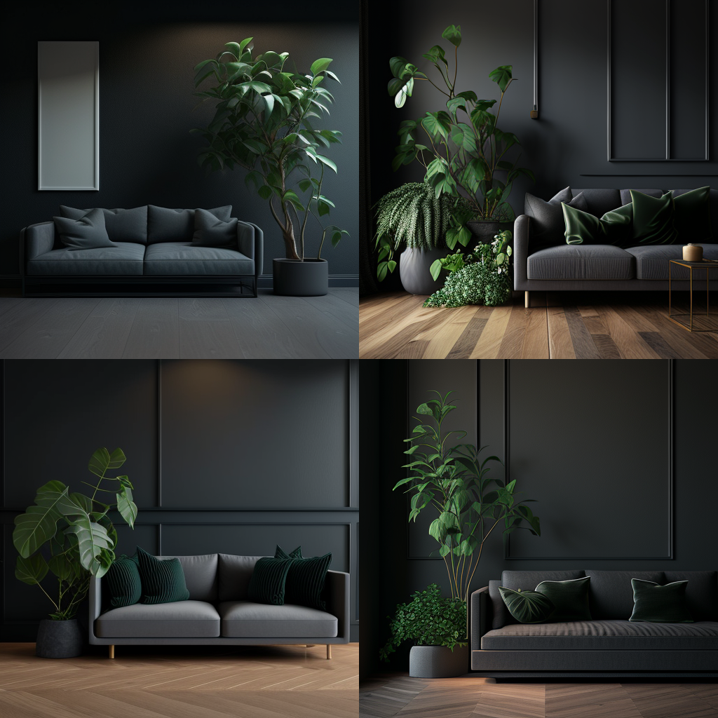 grey sofa, wood floor, dark wall, with green p ...