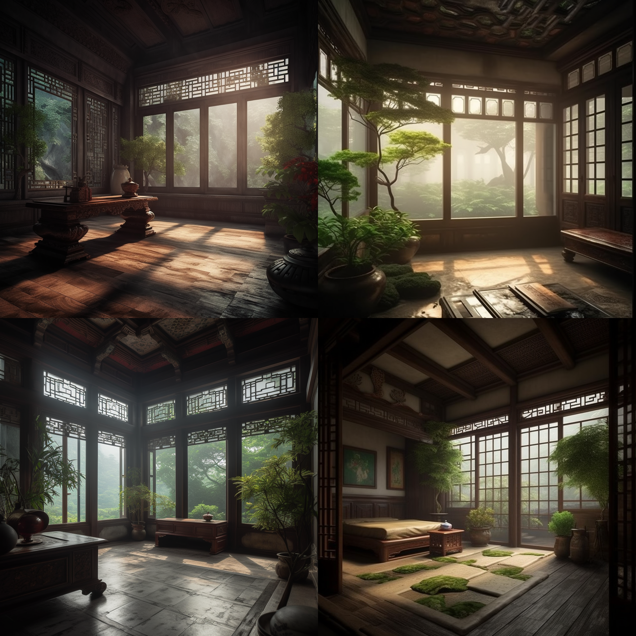 Chinese ancient style room, big windows, look outside, beautiful greenery scene