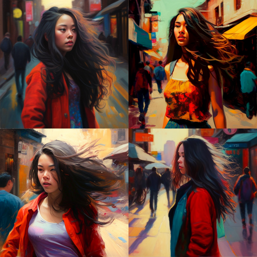 Chinese girl, flowing hair, walking down a bus ...