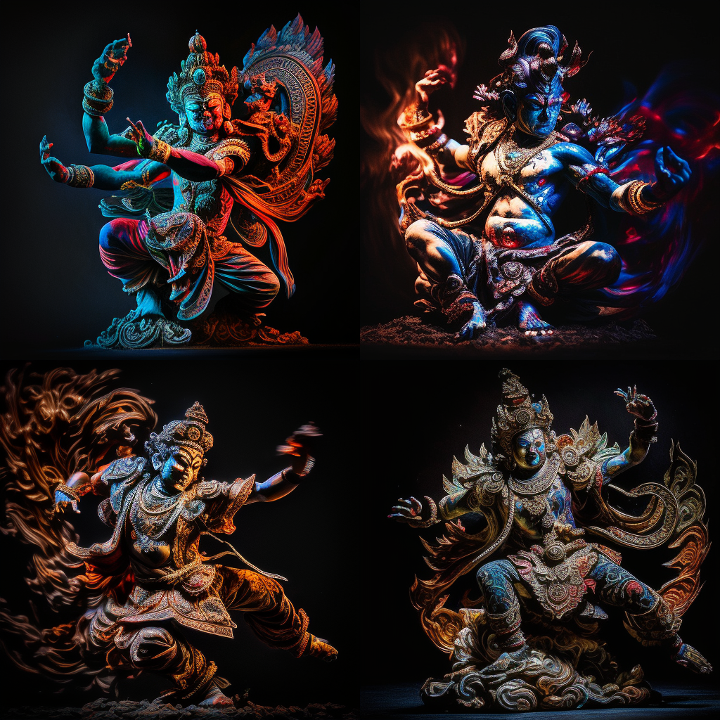 Action shot Magnificent and complex impact Tal Vajrapani, very gorgeous, shocking colors, brilliant, dazzling, colorful, gorgeous, exquisite, exquisite, vivid, moving, smart full body sitting mysterious, majestic, majestic, intricate details, Dark background, hyper-realistic photography style, realistic 8k, photography, 3D Kon Satoshi neon lights, Epic