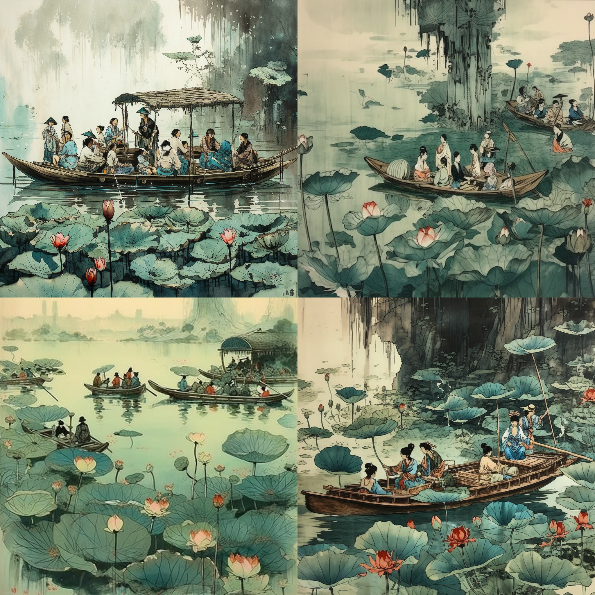 Chinese ink painting, summer, pool, jade, colo ...