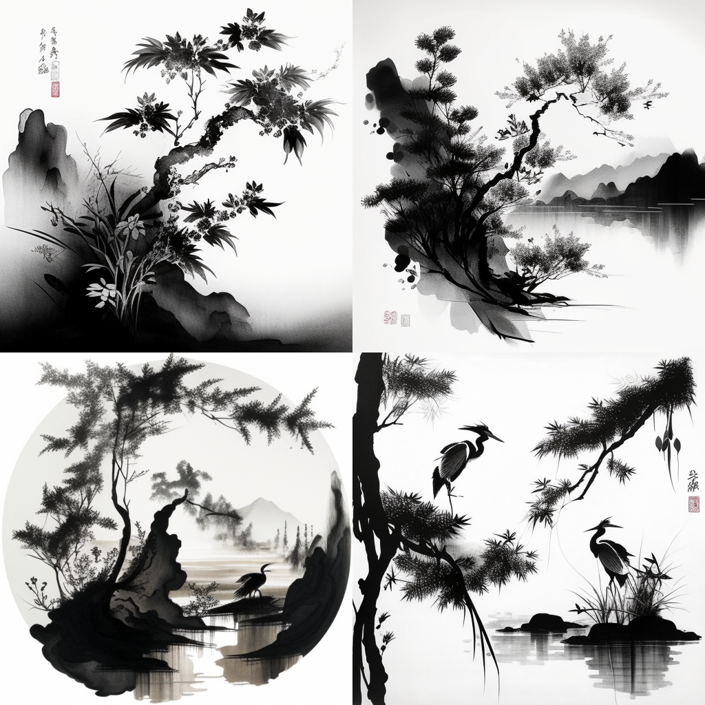 chinese painting, black and white, water ink o ...