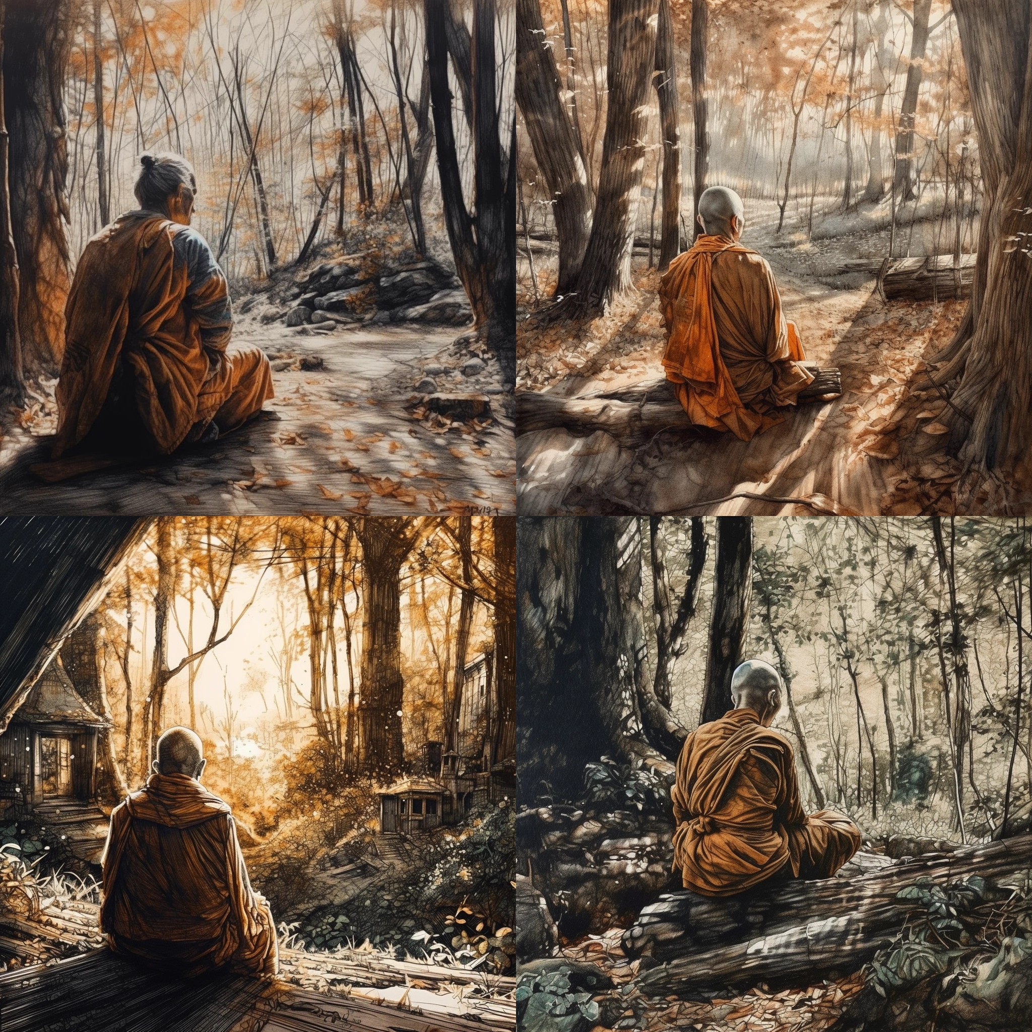 very detailed ink and pencil coloured on paper drawing of monk sitting in the forest, peace, sunlight, look from the back, cinematic lighting, dynamic, shadows and light, hyper realism, intricate details, small strokes of the drawing pen, 8K