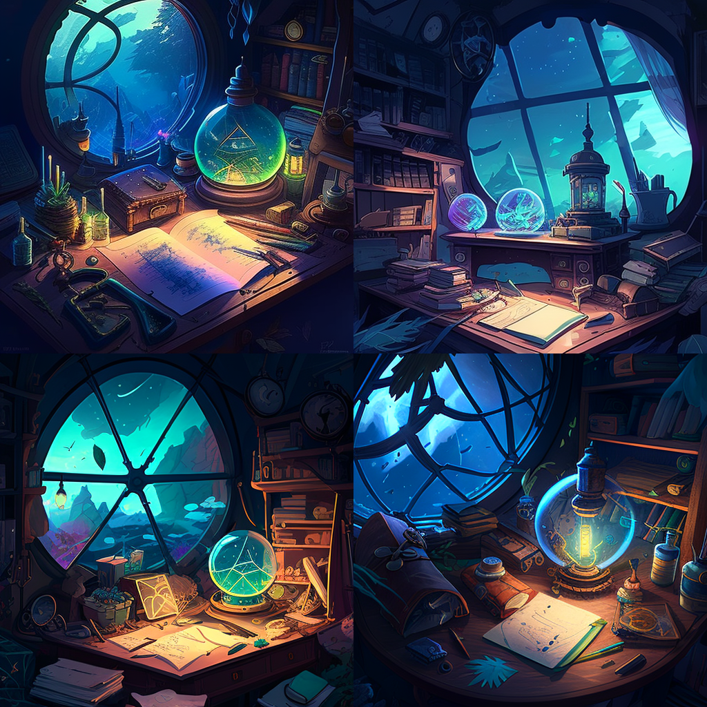 steampunk, messy desk, Interior of an observatory, Blue light, Telescope, Shelves of geode and crystals, glass jars, moss, specimen, science, Cluttered with Star maps, charts and tools, Dramatic lighting, Epic composition, Wide angle, by Miyazaki, Nausicaa Ghibli, Breath of The Wild