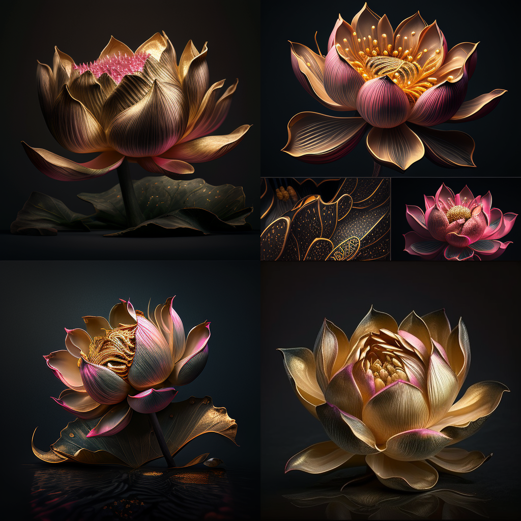 golden theme, pink lotus, studio light, dark background, detailed, hd