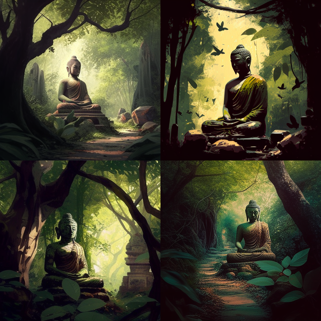Buddha, Forest, Tranquility, Serenity, Calmness, Rustling leaves, Birdsong, Fresh air, Sunlight filtering, Greenery, Nature's symphony, Wildlife sanctuary