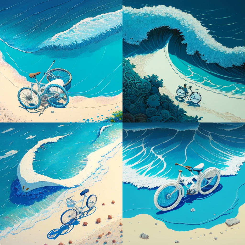 blue sea, white bike, beach side, wave, top vi ...