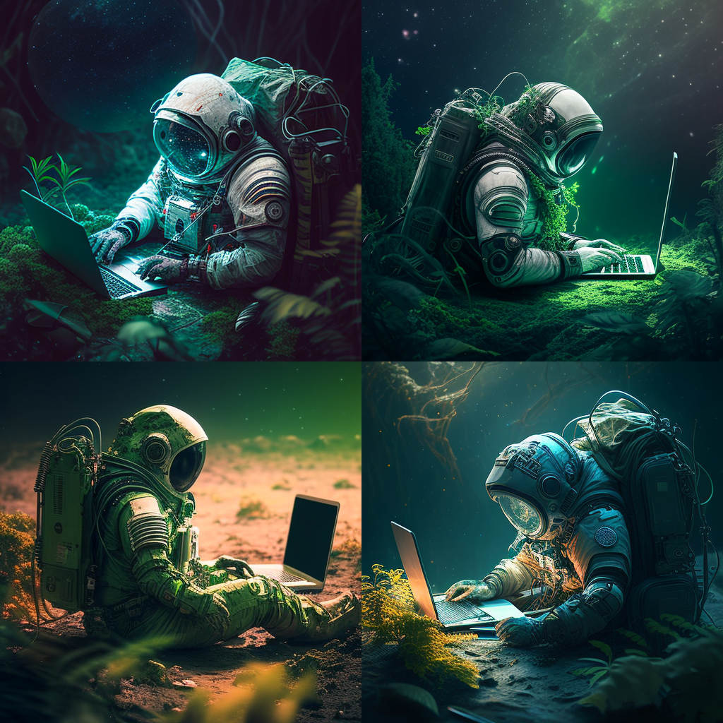 an astronaut, coding with a laptop, space, gre ...