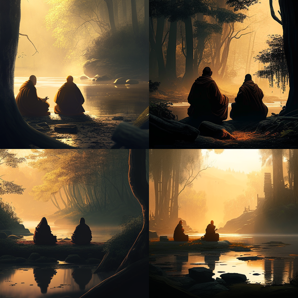 Meditating monks in the forest, backlit sunlig ...