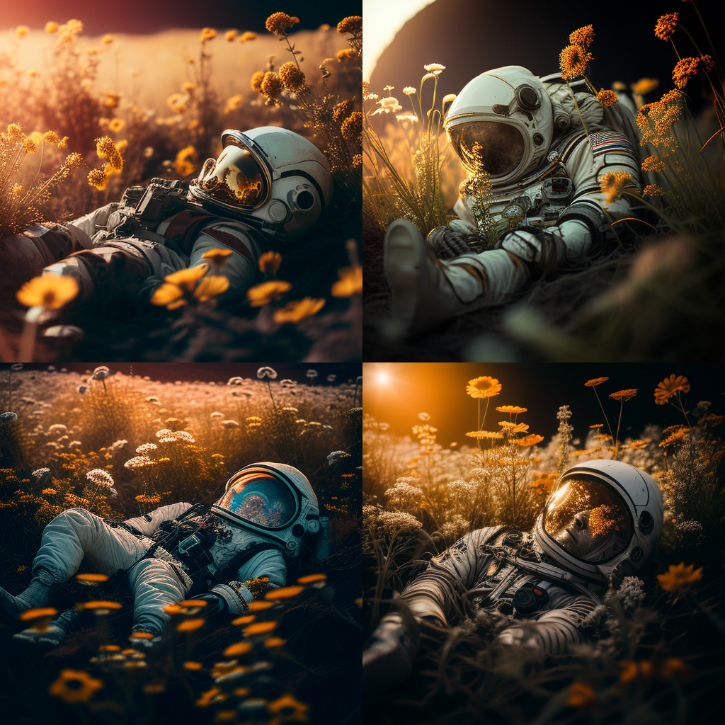 biomechanical astronaut lying in a meadow of f ...