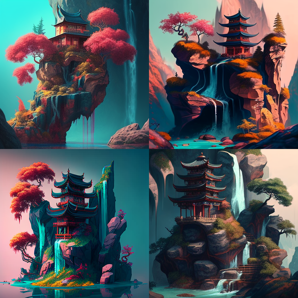 stylized 3D, sharp, 8K, asian temple on a clif ...