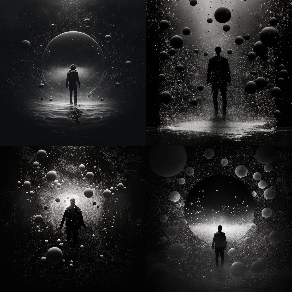 floating man, multiverse, dark space, eerie li ...